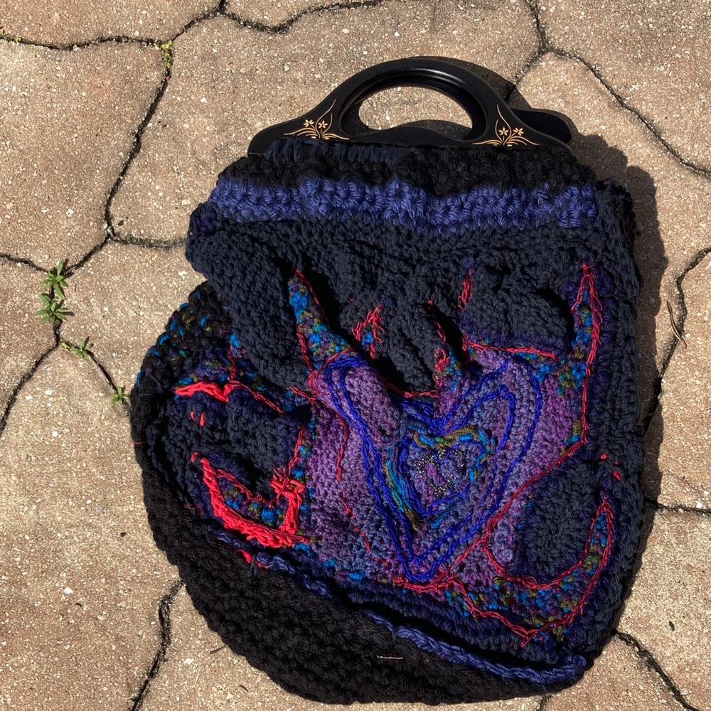 Handcrafted Black Crochet Tote with Multicolor Embroidery - Picture 4 of 12